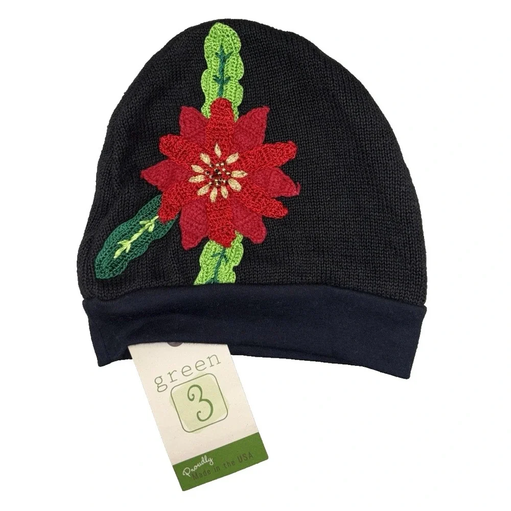 NEW Green 3 Poinsettia Knit Beanie Hat One Size Vintage Fabrics Christmas Winter